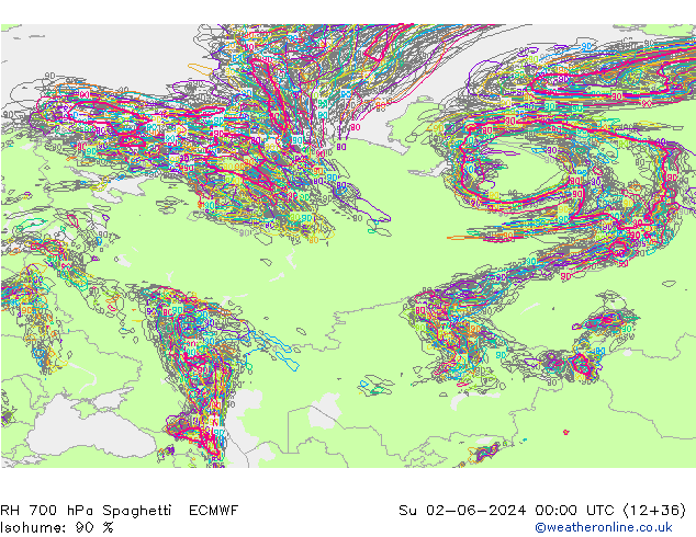 RH 700 hPa Spaghetti ECMWF Su 02.06.2024 00 UTC