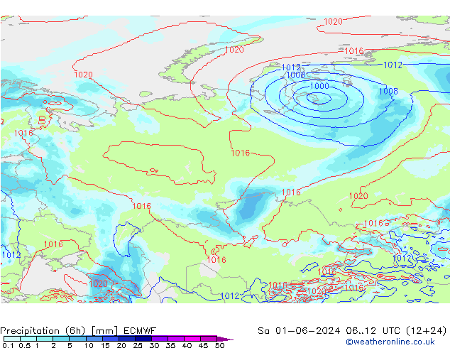 Precipitation (6h) ECMWF Sa 01.06.2024 12 UTC