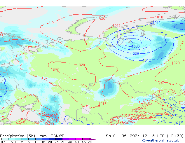 Totale neerslag (6h) ECMWF za 01.06.2024 18 UTC