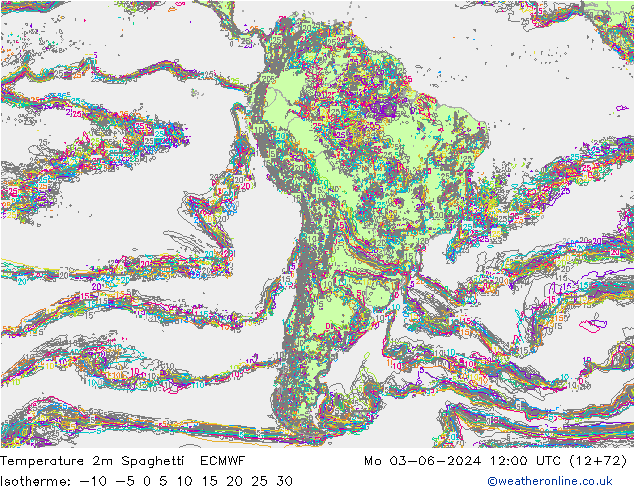 Temperature 2m Spaghetti ECMWF Mo 03.06.2024 12 UTC