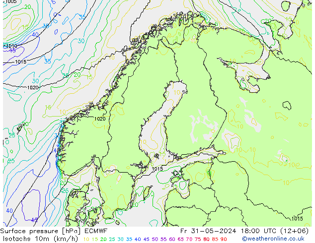 Izotacha (km/godz) ECMWF pt. 31.05.2024 18 UTC