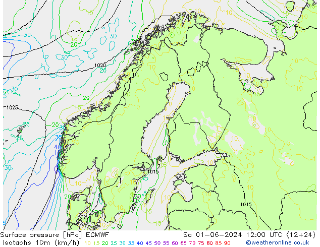 Isotachs (kph) ECMWF So 01.06.2024 12 UTC