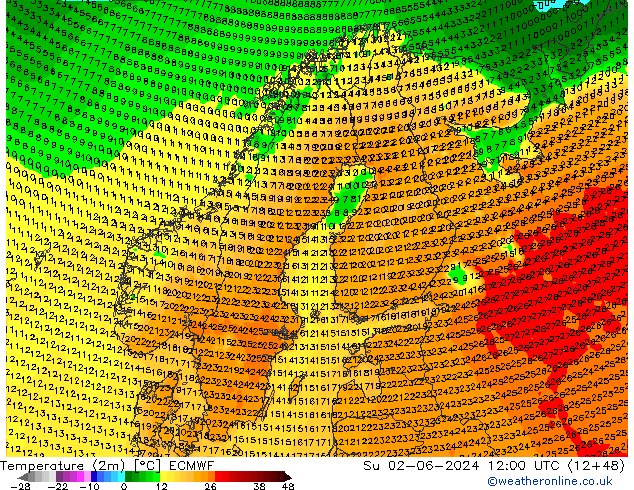 Temperatuurkaart (2m) ECMWF zo 02.06.2024 12 UTC