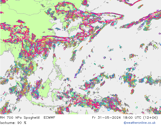 RH 700 hPa Spaghetti ECMWF ven 31.05.2024 18 UTC