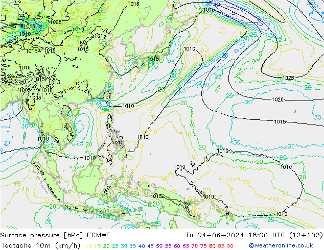 Isotaca (kph) ECMWF mar 04.06.2024 18 UTC