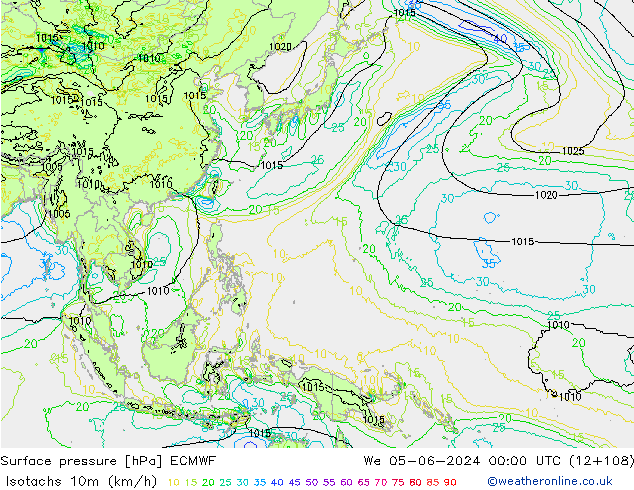 Isotachs (kph) ECMWF mer 05.06.2024 00 UTC