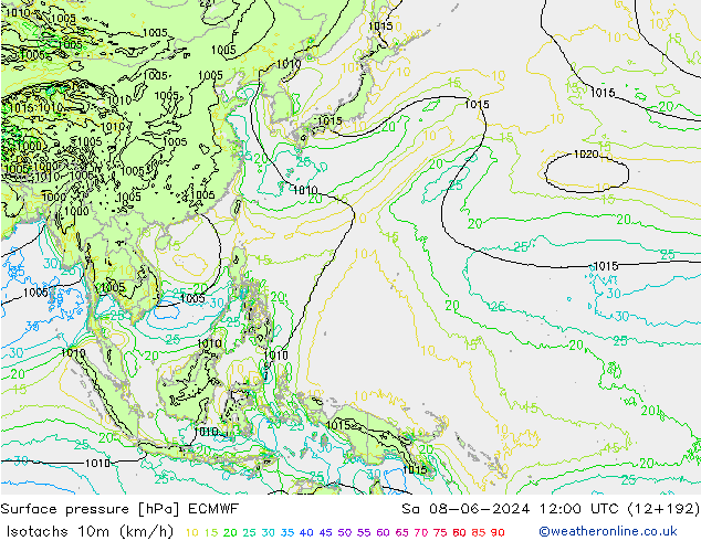Isotachs (kph) ECMWF  08.06.2024 12 UTC