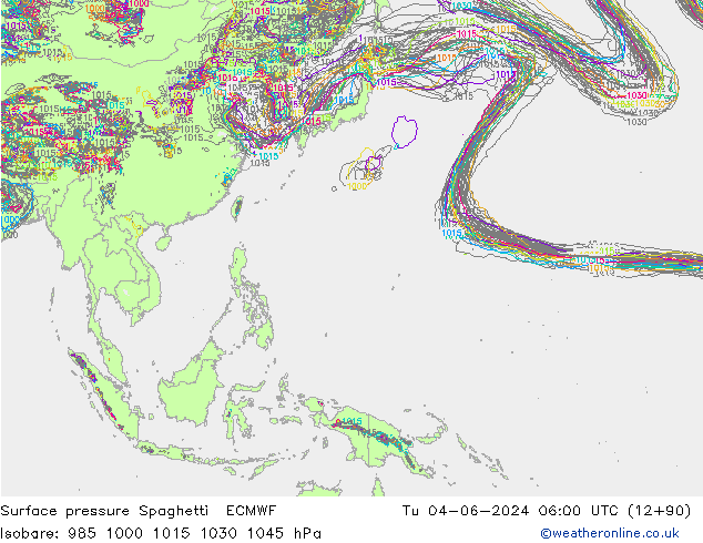 Bodendruck Spaghetti ECMWF Di 04.06.2024 06 UTC