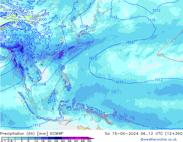Totale neerslag (6h) ECMWF za 15.06.2024 12 UTC
