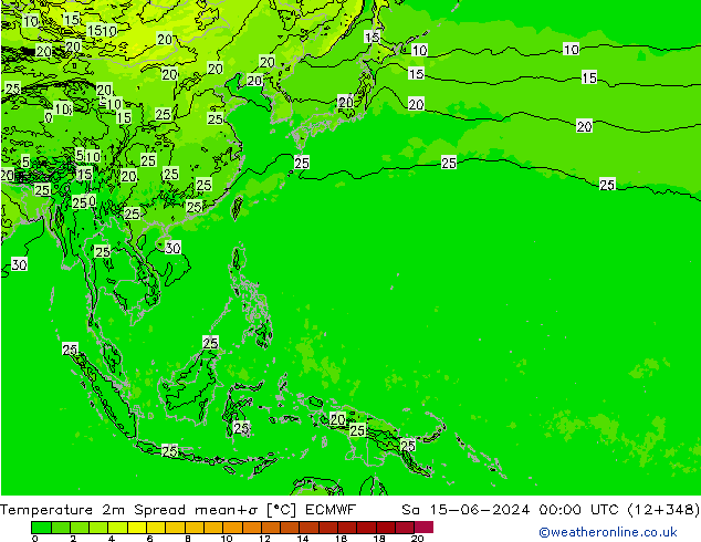 Temperature 2m Spread ECMWF Sa 15.06.2024 00 UTC