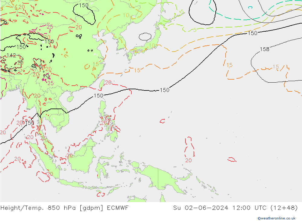 Height/Temp. 850 hPa ECMWF Dom 02.06.2024 12 UTC