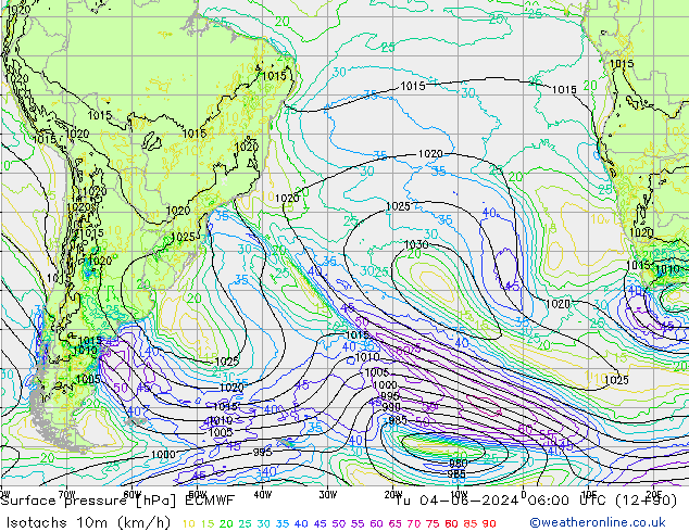 Isotachs (kph) ECMWF Tu 04.06.2024 06 UTC