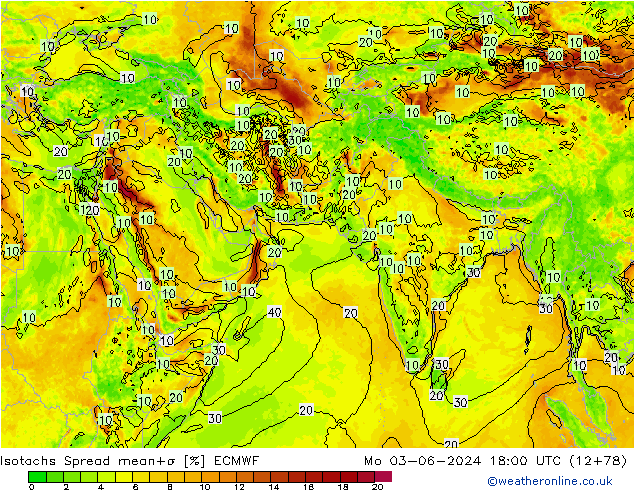 Izotacha Spread ECMWF pon. 03.06.2024 18 UTC