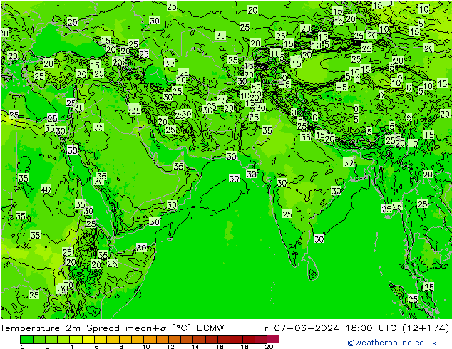 Temperature 2m Spread ECMWF Fr 07.06.2024 18 UTC