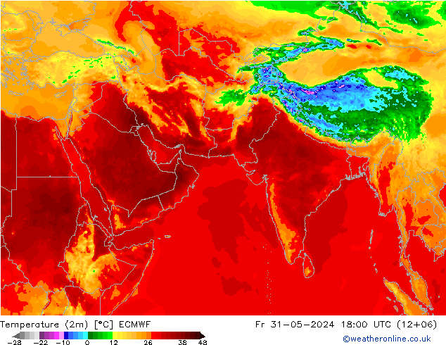 Temperatuurkaart (2m) ECMWF vr 31.05.2024 18 UTC