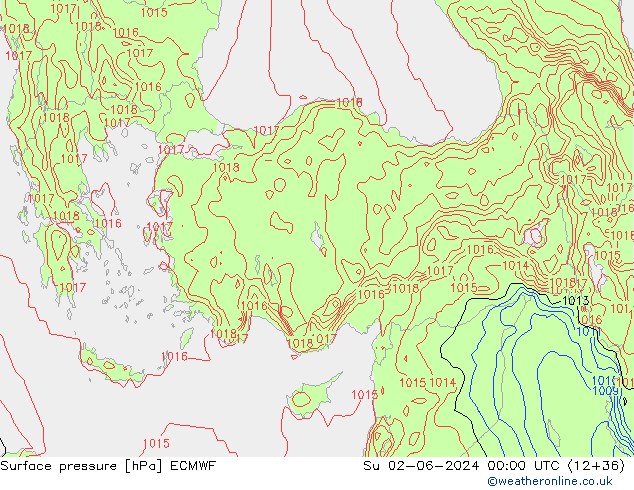 Presión superficial ECMWF dom 02.06.2024 00 UTC