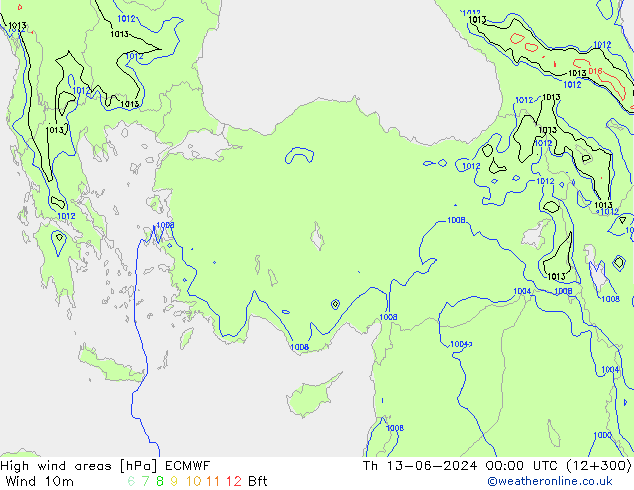 High wind areas ECMWF Čt 13.06.2024 00 UTC