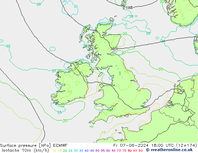 Isotachs (kph) ECMWF  07.06.2024 18 UTC