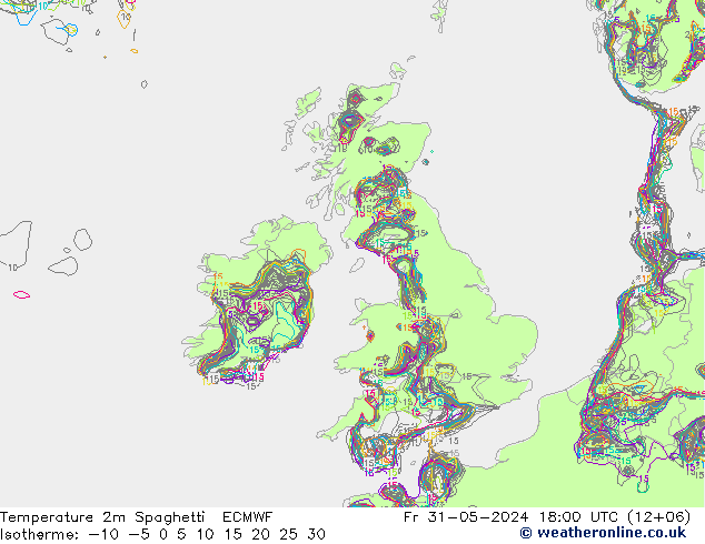 Temperatura 2m Spaghetti ECMWF vie 31.05.2024 18 UTC