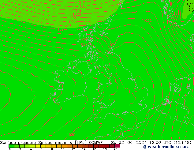 Luchtdruk op zeeniveau Spread ECMWF zo 02.06.2024 12 UTC