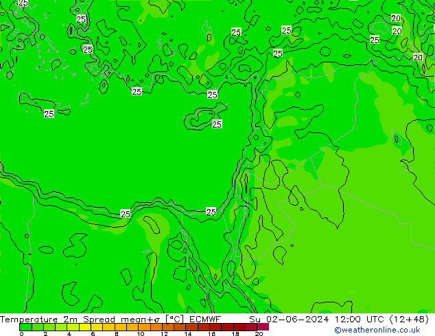 Temperatura 2m Spread ECMWF Dom 02.06.2024 12 UTC