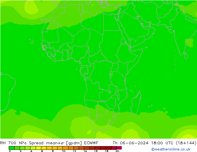 RH 700 hPa Spread ECMWF gio 06.06.2024 18 UTC