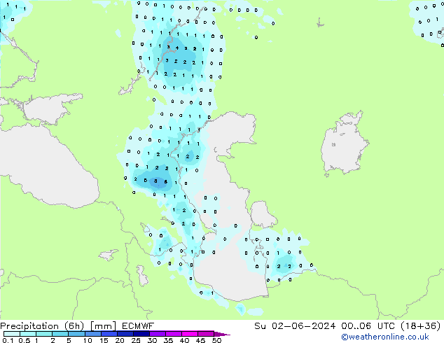 Precipitation (6h) ECMWF Su 02.06.2024 06 UTC