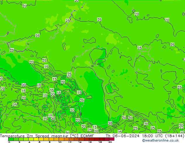 Temperatura 2m Spread ECMWF Qui 06.06.2024 18 UTC