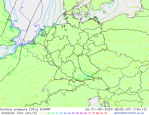 Isotachs (kph) ECMWF Sa 01.06.2024 06 UTC