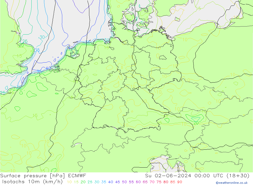 Isotachs (kph) ECMWF Su 02.06.2024 00 UTC