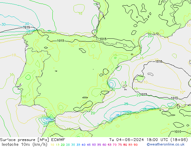 Isotachs (kph) ECMWF mar 04.06.2024 18 UTC
