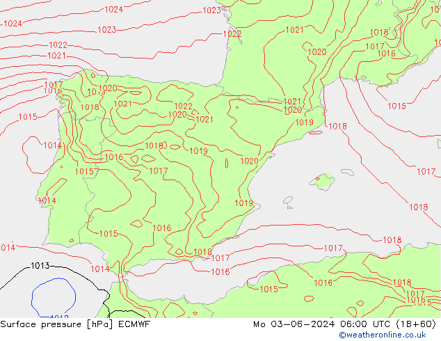 Presión superficial ECMWF lun 03.06.2024 06 UTC