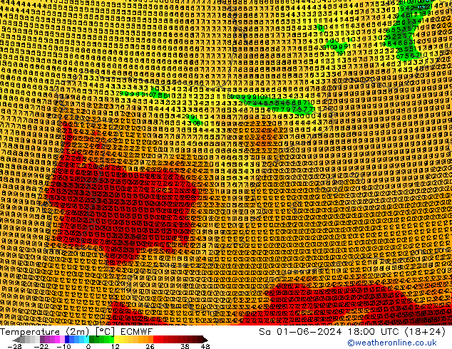 mapa temperatury (2m) ECMWF so. 01.06.2024 18 UTC