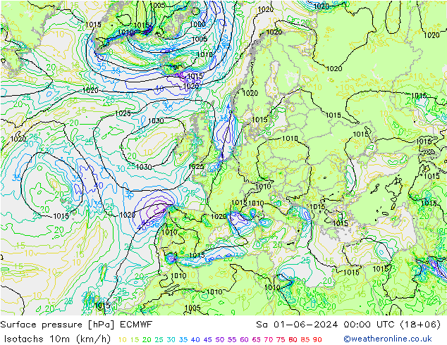 Isotachen (km/h) ECMWF za 01.06.2024 00 UTC