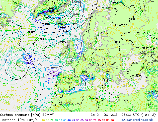 Isotachen (km/h) ECMWF za 01.06.2024 06 UTC