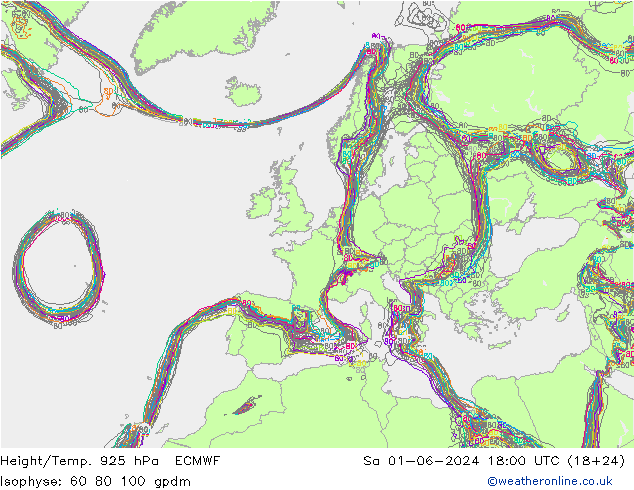 Geop./Temp. 925 hPa ECMWF sáb 01.06.2024 18 UTC