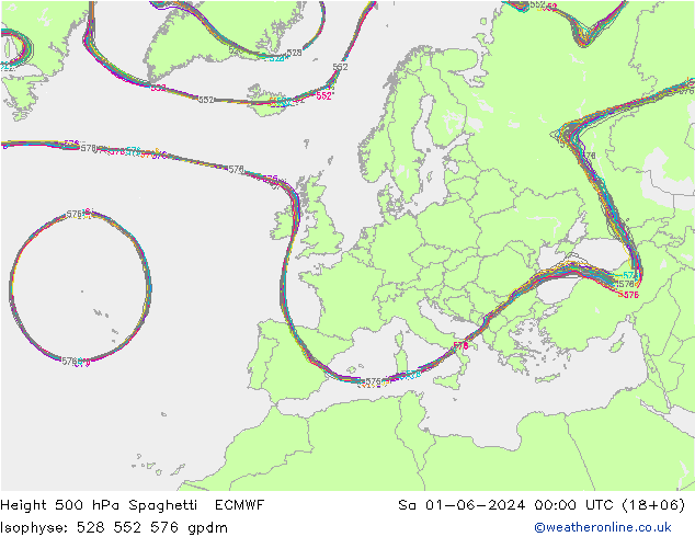 Height 500 hPa Spaghetti ECMWF Sa 01.06.2024 00 UTC