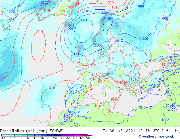 Precipitation (6h) ECMWF Čt 06.06.2024 18 UTC