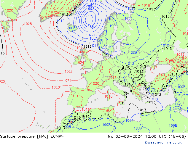 Presión superficial ECMWF lun 03.06.2024 12 UTC