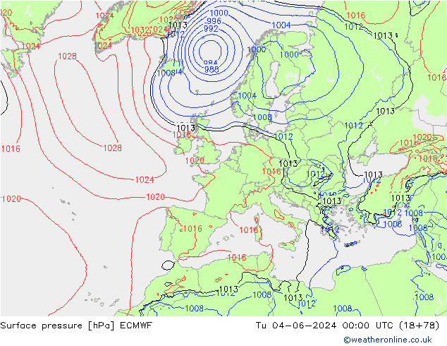 Surface pressure ECMWF Tu 04.06.2024 00 UTC