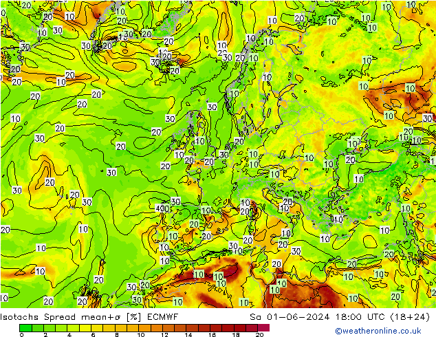 Isotachen Spread ECMWF Sa 01.06.2024 18 UTC