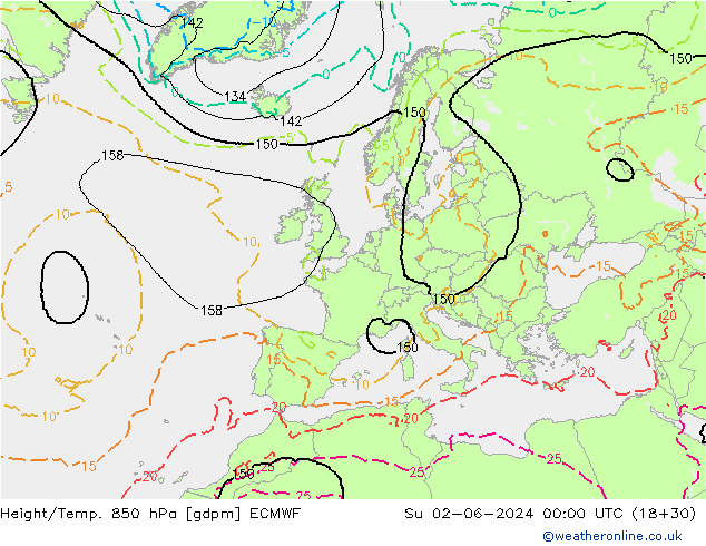Height/Temp. 850 hPa ECMWF So 02.06.2024 00 UTC