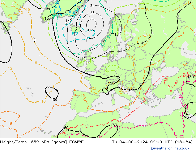 Hoogte/Temp. 850 hPa ECMWF di 04.06.2024 06 UTC