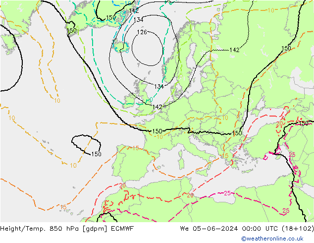 Hoogte/Temp. 850 hPa ECMWF wo 05.06.2024 00 UTC