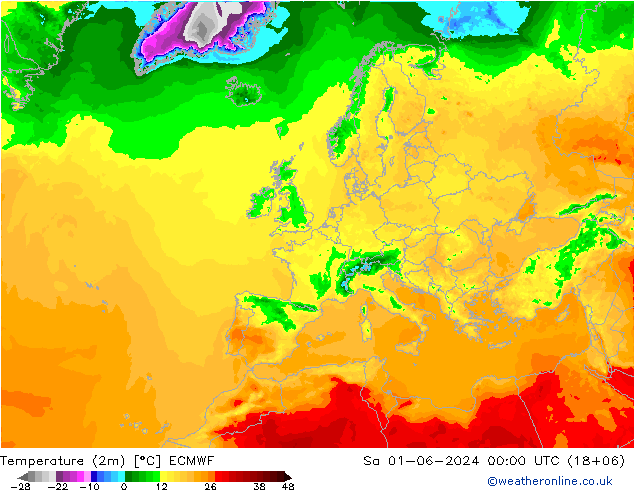 Temperatuurkaart (2m) ECMWF za 01.06.2024 00 UTC