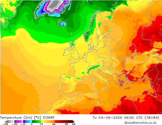 mapa temperatury (2m) ECMWF wto. 04.06.2024 06 UTC