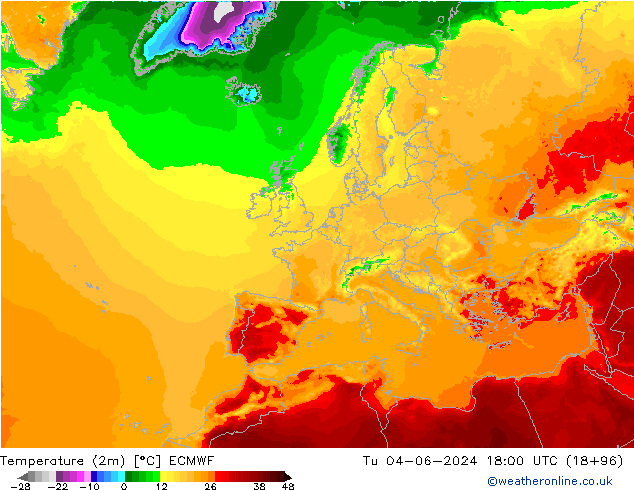 Temperaturkarte (2m) ECMWF Di 04.06.2024 18 UTC