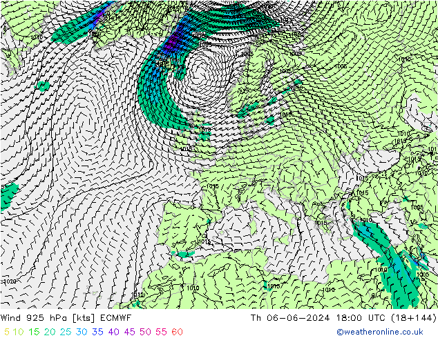 Rüzgar 925 hPa ECMWF Per 06.06.2024 18 UTC
