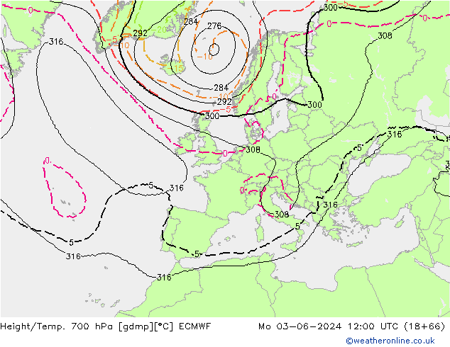 Height/Temp. 700 hPa ECMWF Mo 03.06.2024 12 UTC