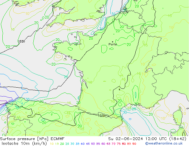 Isotaca (kph) ECMWF dom 02.06.2024 12 UTC